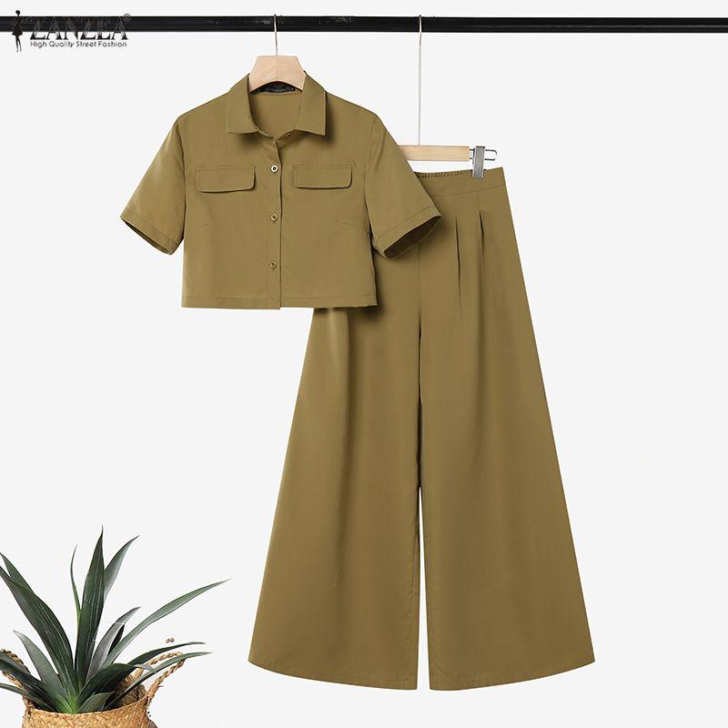 ZANZEA Women Short Sleeve Cropped Blouse and Long Pants Casual Two Piece Suit Sets