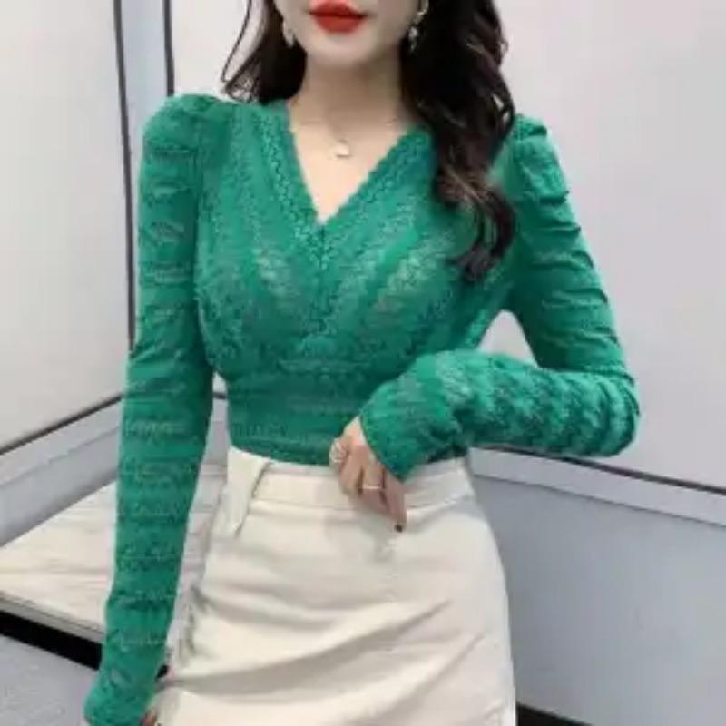 

Новая весенне-осенняя модная темпераментная простая рубашка с V-образным вырезом в западном стиле, облегающая, сексуальная, высококлассная, с длинным рукавом и кружевной подкладкой 4XL зелёный