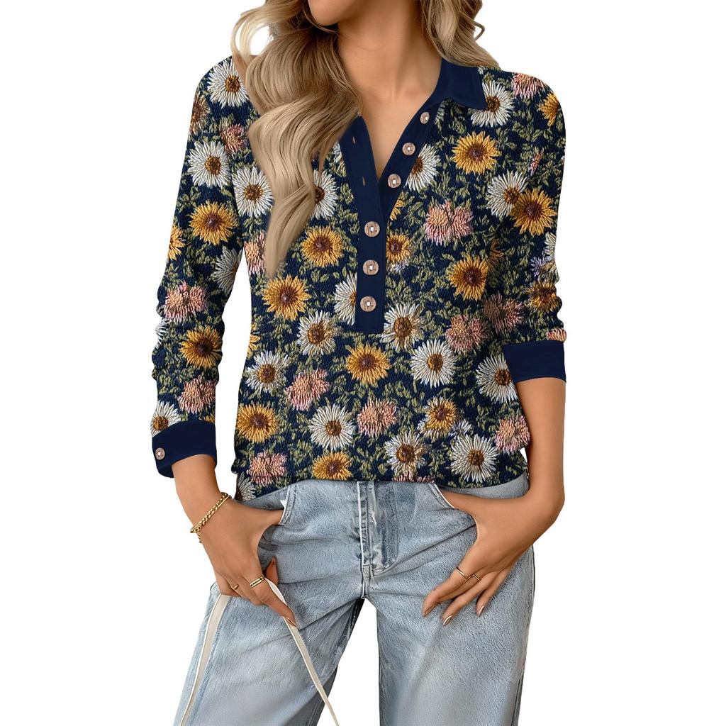 Women's relaxed V,neck long,sleeved button,down floral pullover top