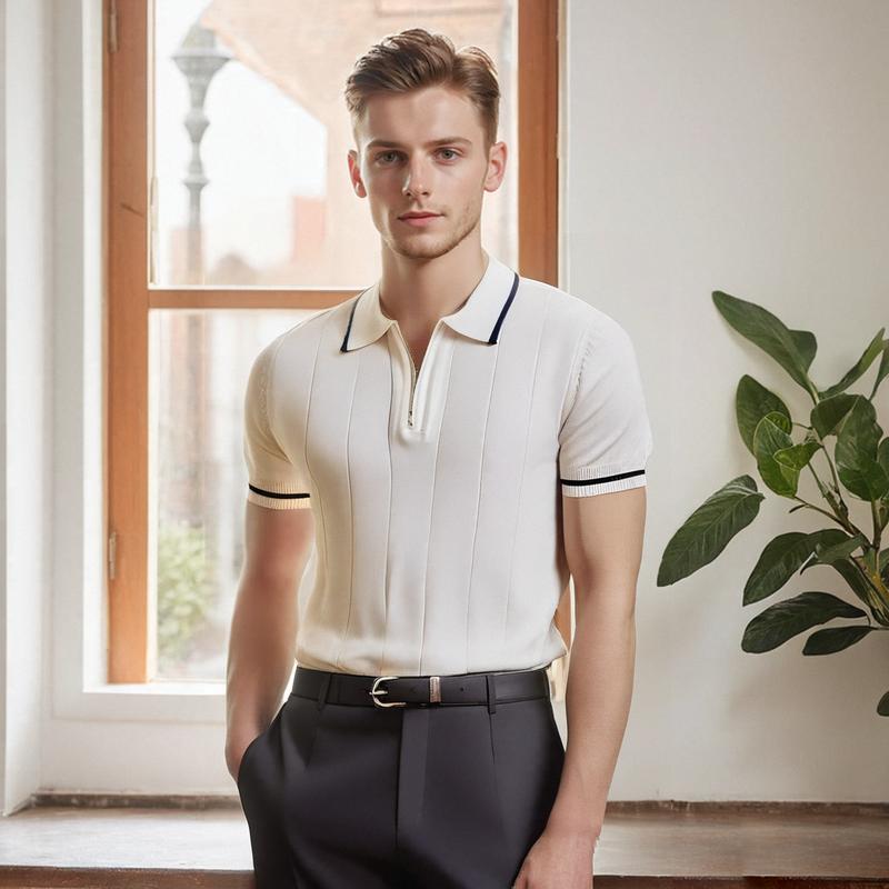 Summer Thin Ice Silk Turn-Down Collar Men's Polo Shirt Knitted Short Sleeve T-Shirt Half-Zip Trendy Slim Fit Half Sleeve