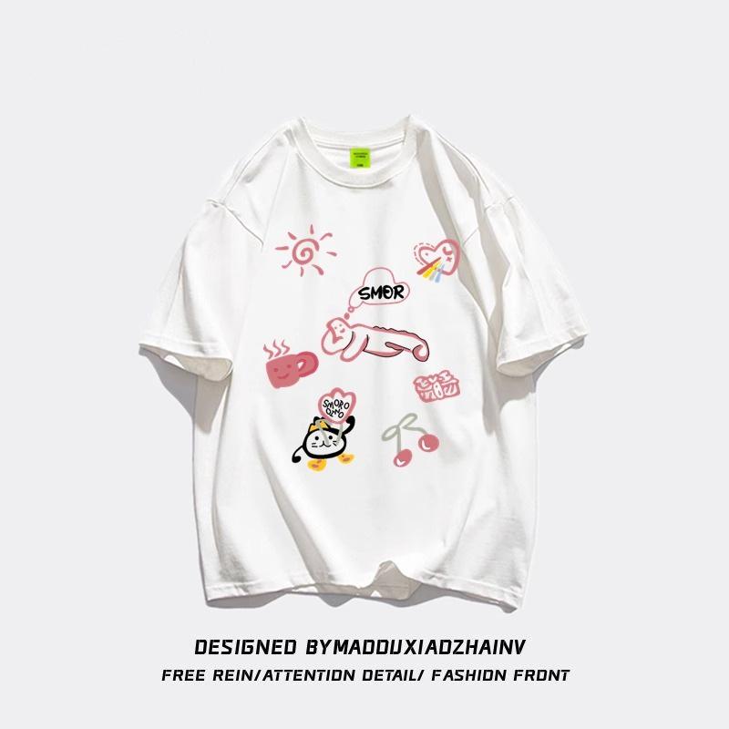 Women's Loose-Fit Cartoon Print Pure Cotton T-Shirt, Chic Hong Kong Style, Trendy American Brand, Plus Size Available