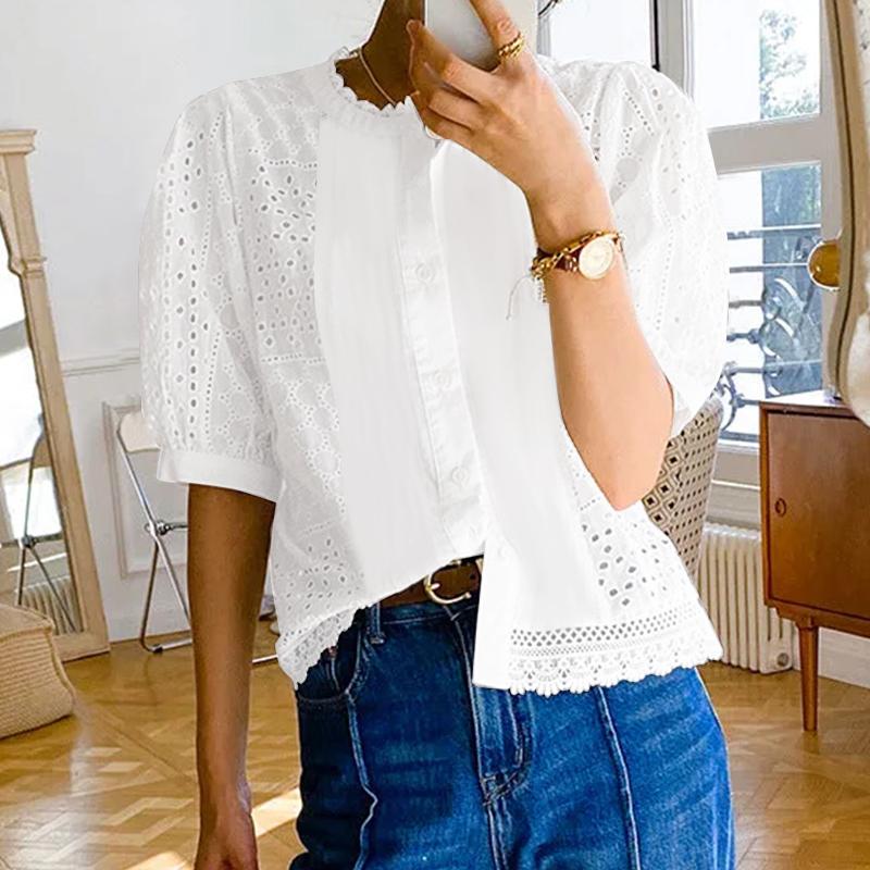 

ZANZEA Женские летние рубашки с круглым вырезом и коротким рукавом с ажурным принтом S белый