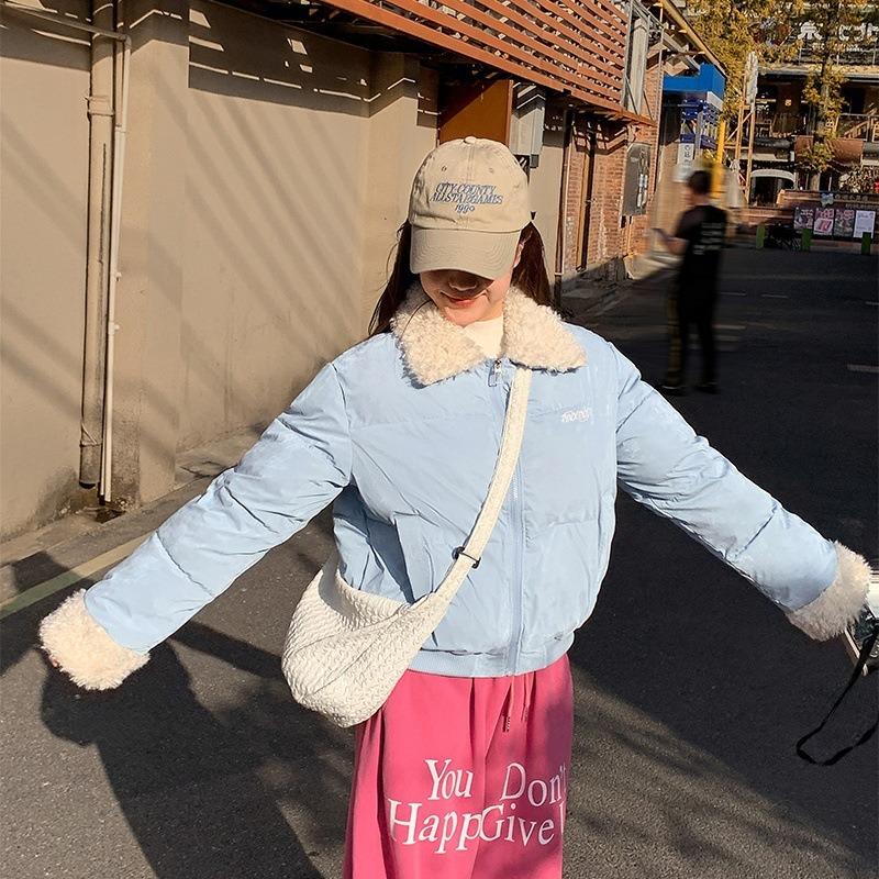 

Ретро однотонная куртка с вышивкой букв, из овечьей шерсти, с лацканами, хлопковая куртка с утеплителем для женщин, зимняя, ветрозащитная, утолщенная, на пуху, хлопковая куртка XXL светло-синий