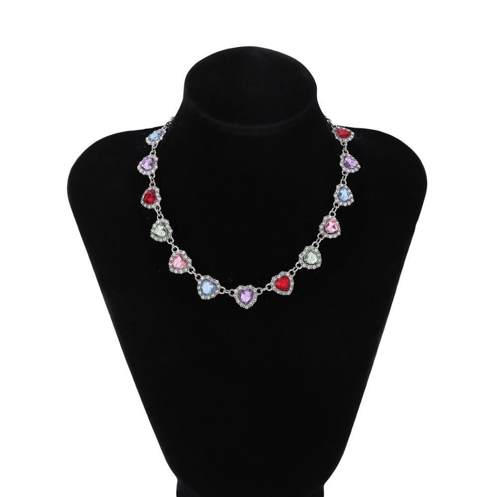 Ethnic Style Colorful Rhinestone Choker Rainbow Clavicle Chain Fashion Love Heart Necklaces Ladies