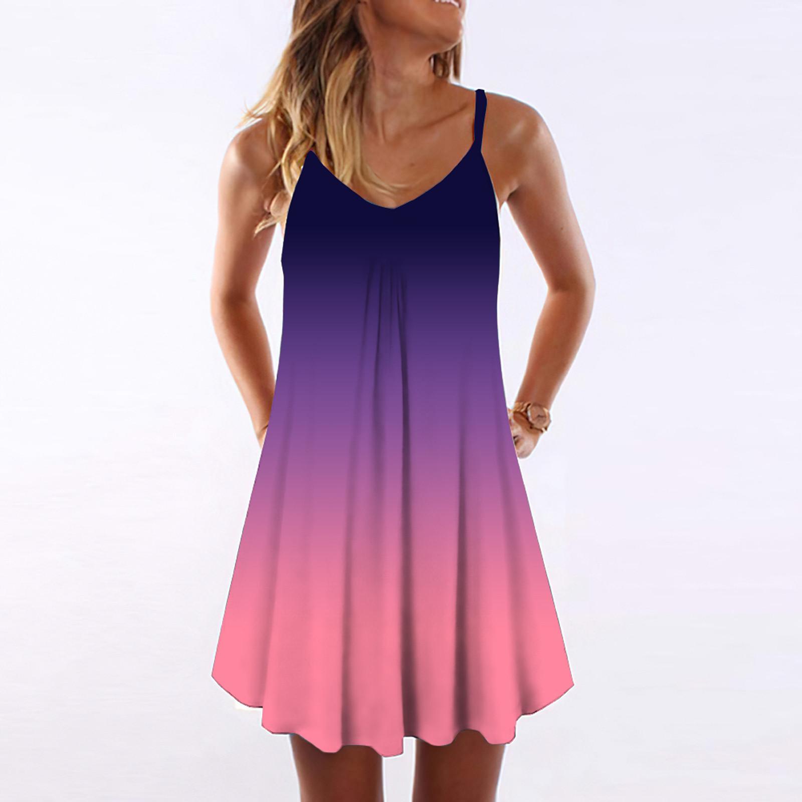 

Womens Gradient Tie-Dye Print Sleeveless Dress V Neck A-Line Maxi Sundress L рожевий