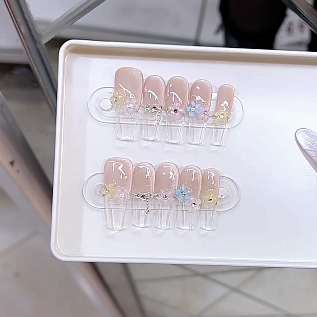 Henna pictată manual One Dream Tridimensională Ice-Transparentă Set de cinci bucăți cu flori French Cat Eye Patch pentru unghii