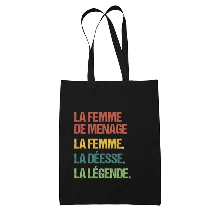 Tote bag - PLANETEE - La femme de ménage Déesse Légende Vintage - Coton - Imprimé en France - Noir