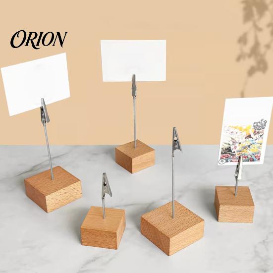 Wooden Note Clip Cube Memo Stand, Display Solid Wood Square Base Photo Card Holder, Vertical Receipt Holder for Wedding Party or Office Document Stand