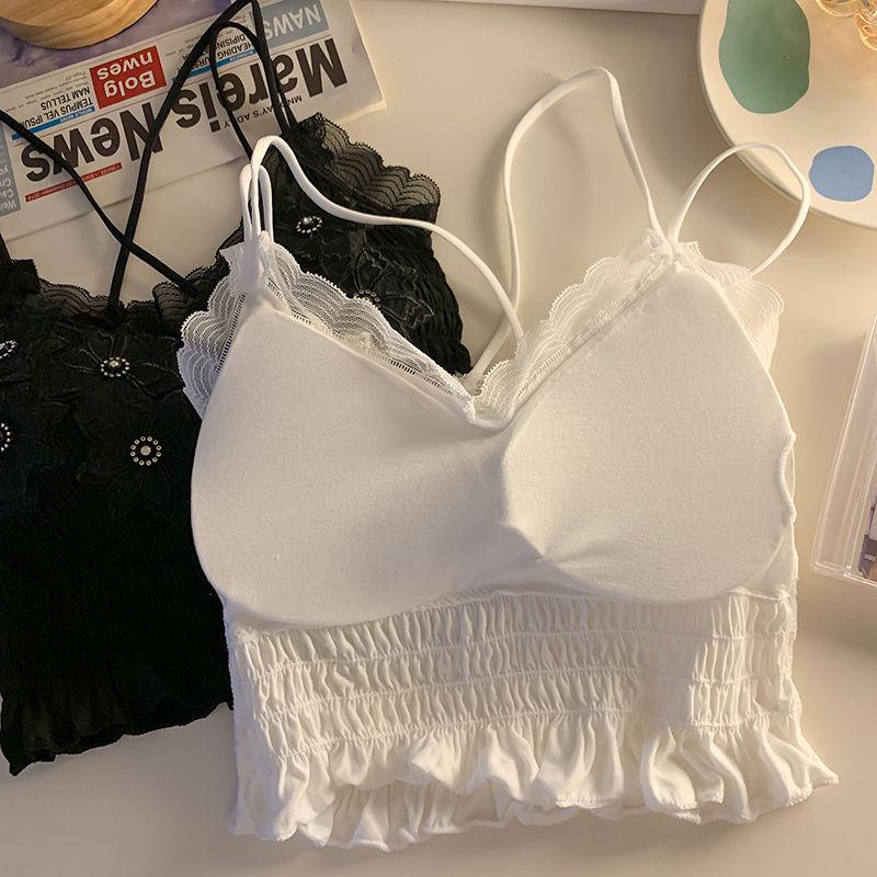 Beaded Cross Beautiful Back Camisole Vest Sexy Outer Wear With Chest Pad Ruched Tube Top Slim Lace Bandeau Underwear For Women
