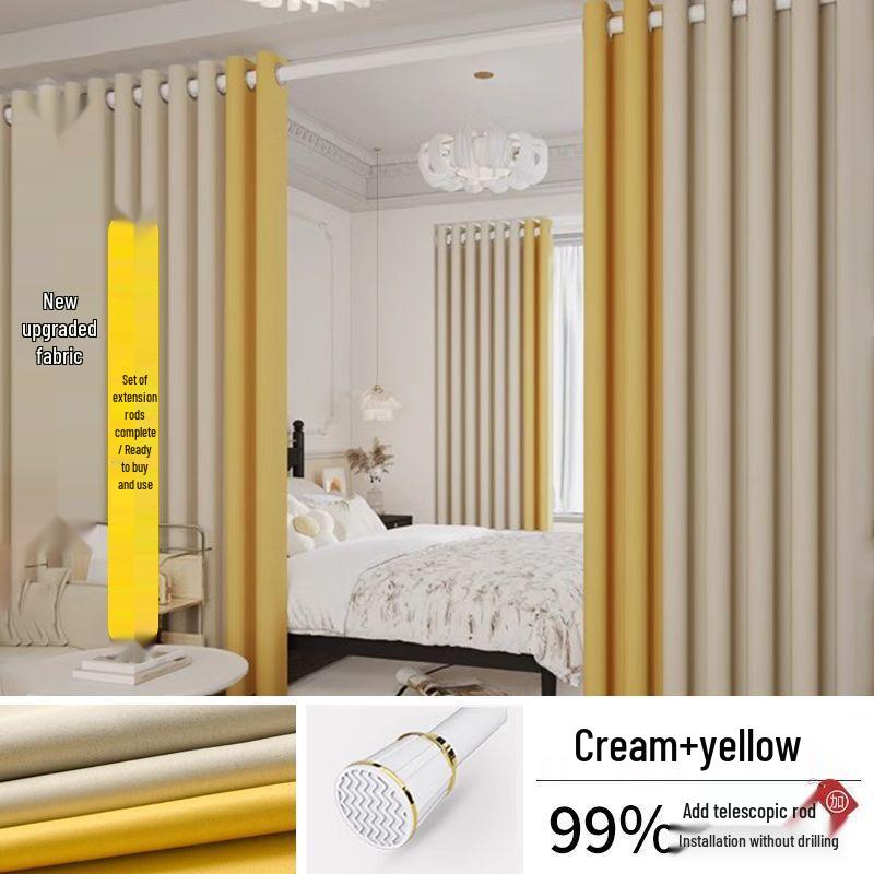 Telescopic No-Punch Curtain Set: Blackout, Heat Insulation, Sun Protection for Bedroom, Living Room, Balcony, Rental Partition