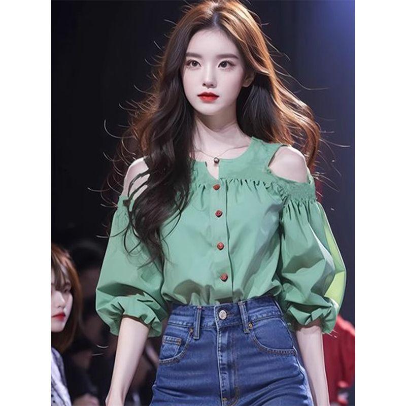 

Зеленая блузка с открытыми плечами, круглым вырезом и пышными рукавами для женщин, повседневная, универсальная, на пуговицах, с отделкой, топ-кардиган, новинка лета XL зелёный