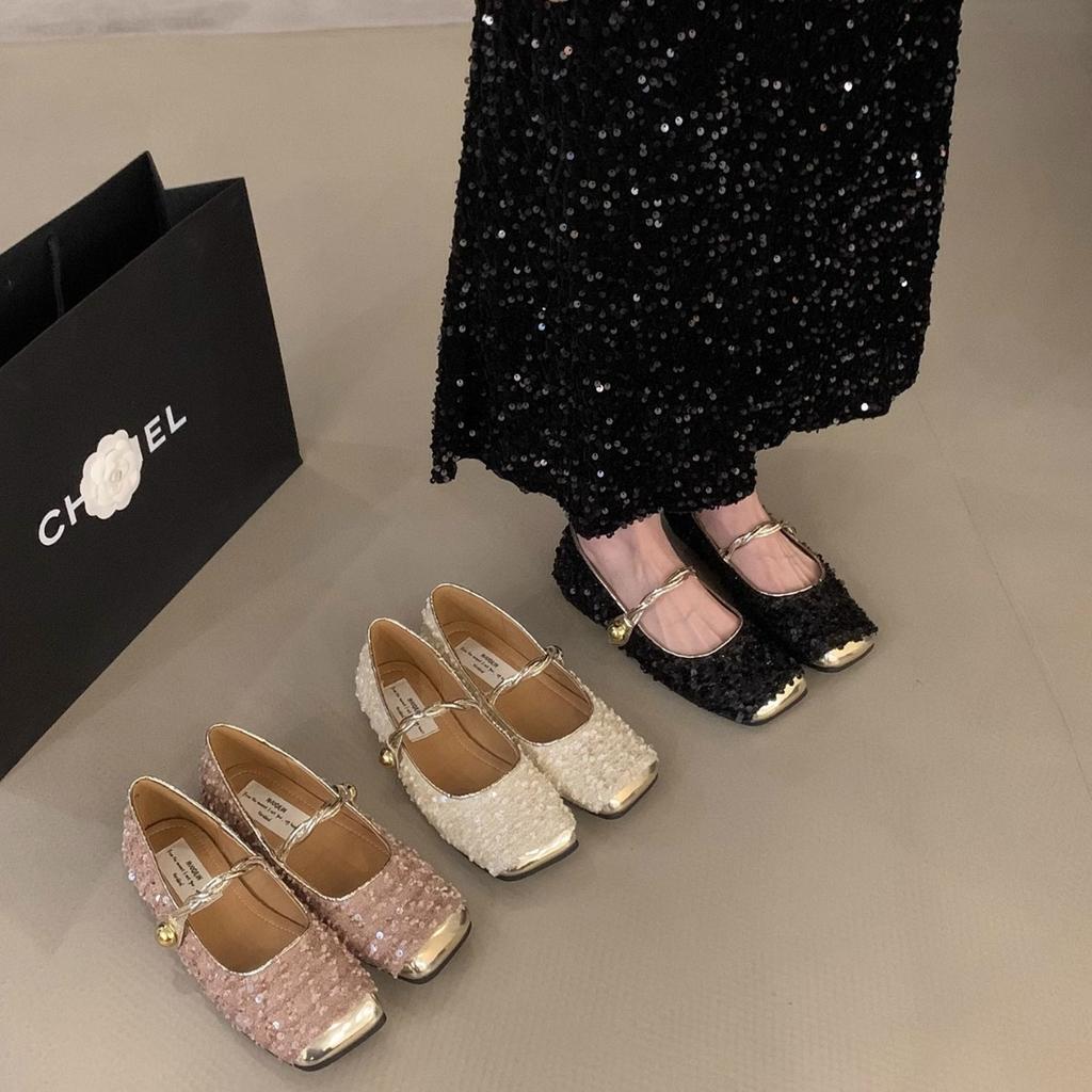 Sequined Silver Bag Head Half Slippers Spring and Summer Temperament Mary Jane Single Shoes Flat Mullers