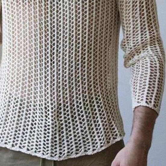 Men Mesh Top See Through Long Sleeves Round Neck Hollow-out Sexy Dress Up Polyester Men Bottoming Shirt Knitted Mesh Top Clothing for Male