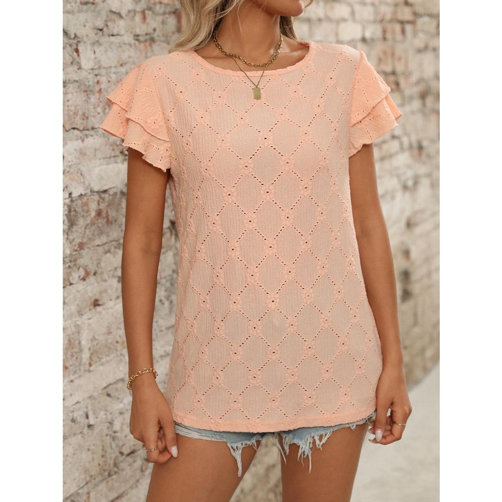 Damen Sommer Neuer Stil Einfarbig Rundhals Süß Kurzarm T-Shirt Ausgehöhltes Oberteil