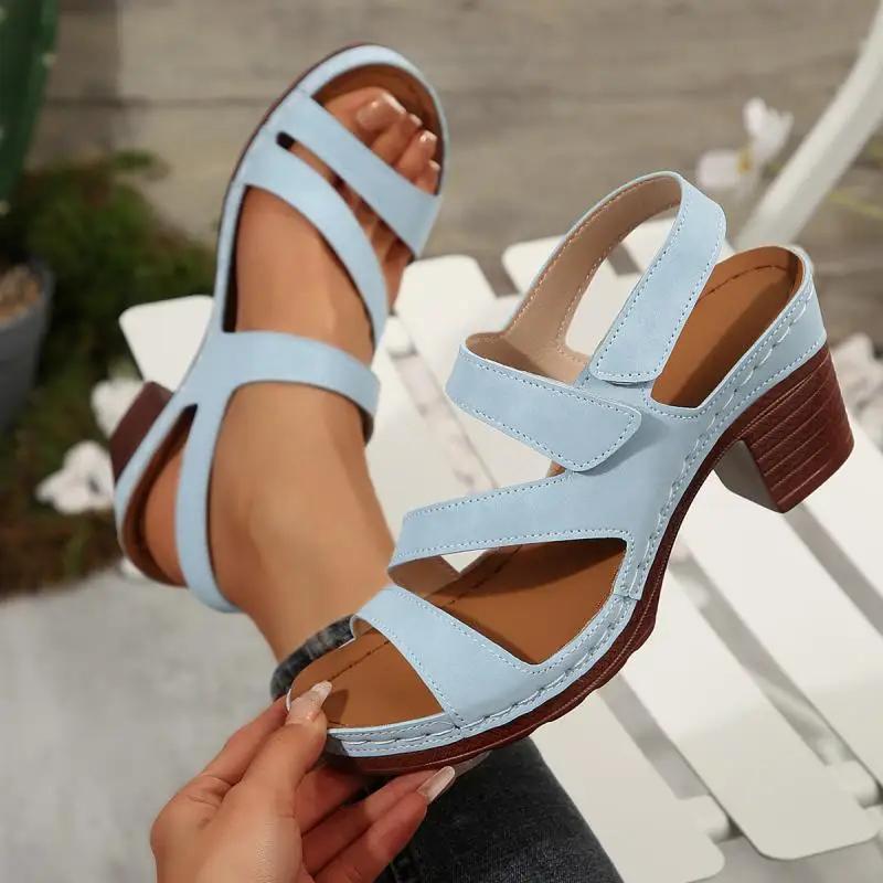 Fashion Classic Round Toe Back Strap Sandals Women 2025 Summer Square High Heels Shoes Women Daily Solid Blue Comfortable Shoes