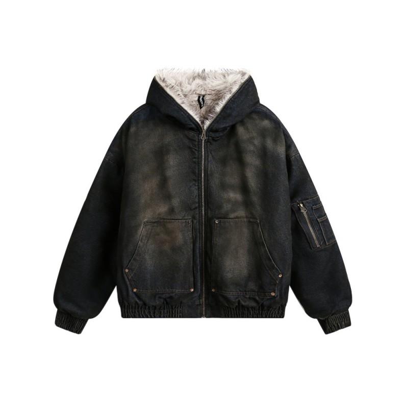 Men Winter Loose Fur Hooded Cotton Parka Streetwear Pockets Warm Thick Outwear