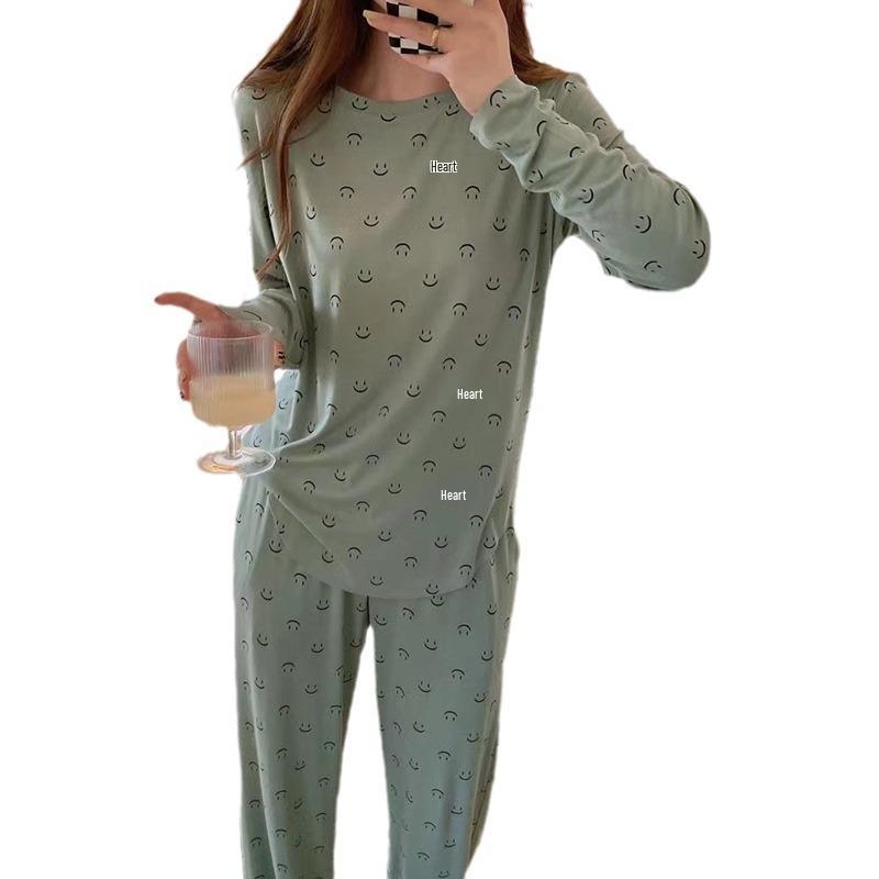 Women's Korean Smiley Face Cartoon Pajamas Set – Long-Sleeved Pullover & Trousers for Autumn/Winter