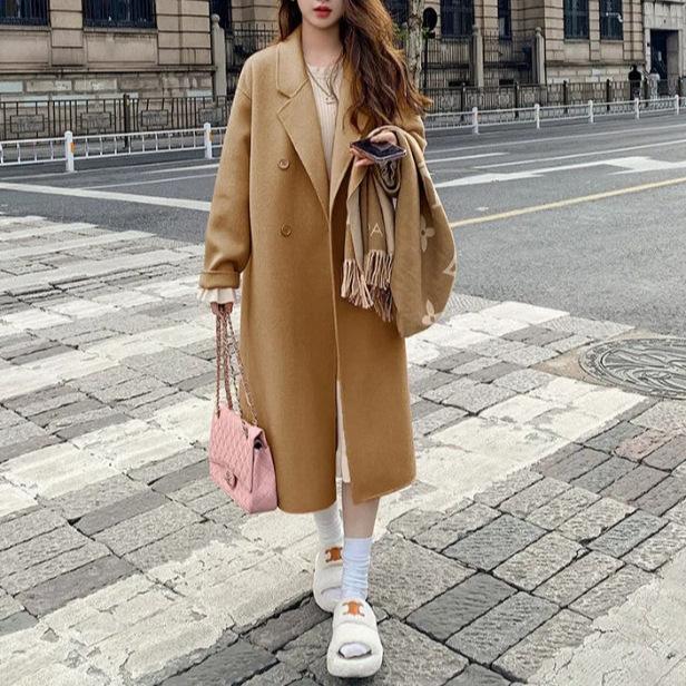 

Autumn and winter new Hepburn style over the knee woolen coat women s medium and long woolen coat top 4xl верблюд