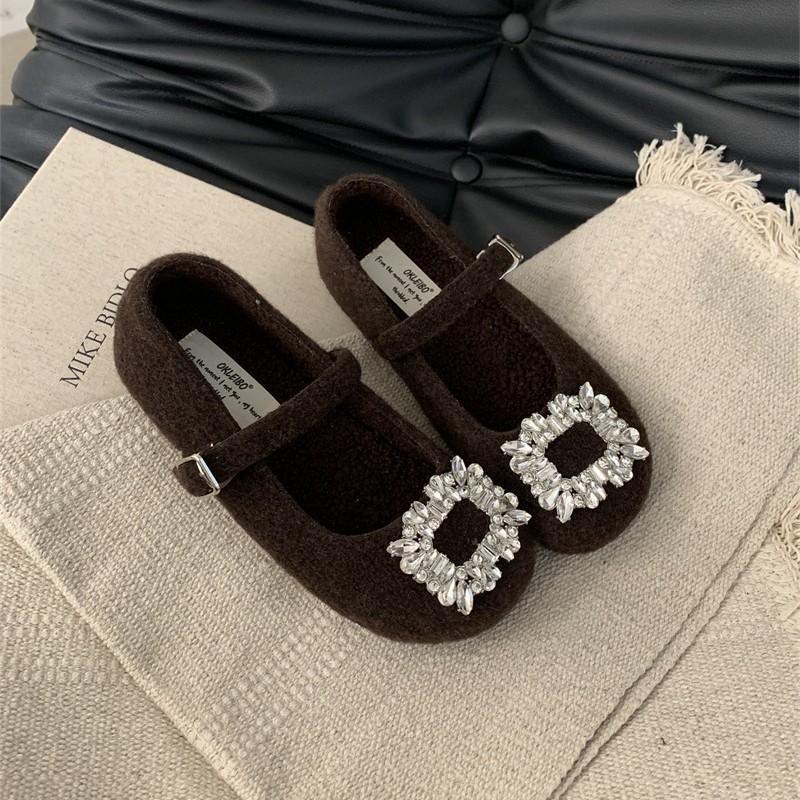 Suding Home! Flat Gray Felt Square Head Rhinestone Single Shoes Women's 2025 Autumn and Winter Plush Mary Jane Mao Shoes