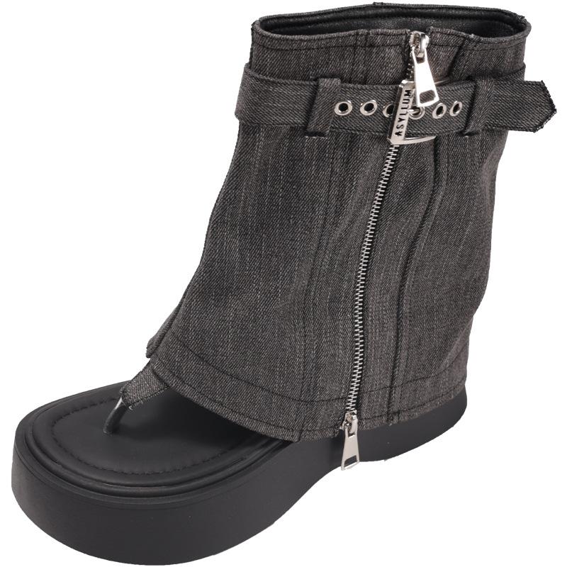 Black High-end Wedge Heel Platform Herringbone Sandals Women's 2025 New Summer Wear with Skirt Casual Cool Boots