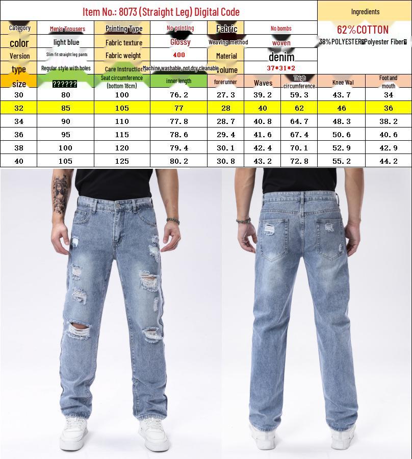 Pantaloni di jeans da uomo azzurro chiaro a gamba dritta strappati