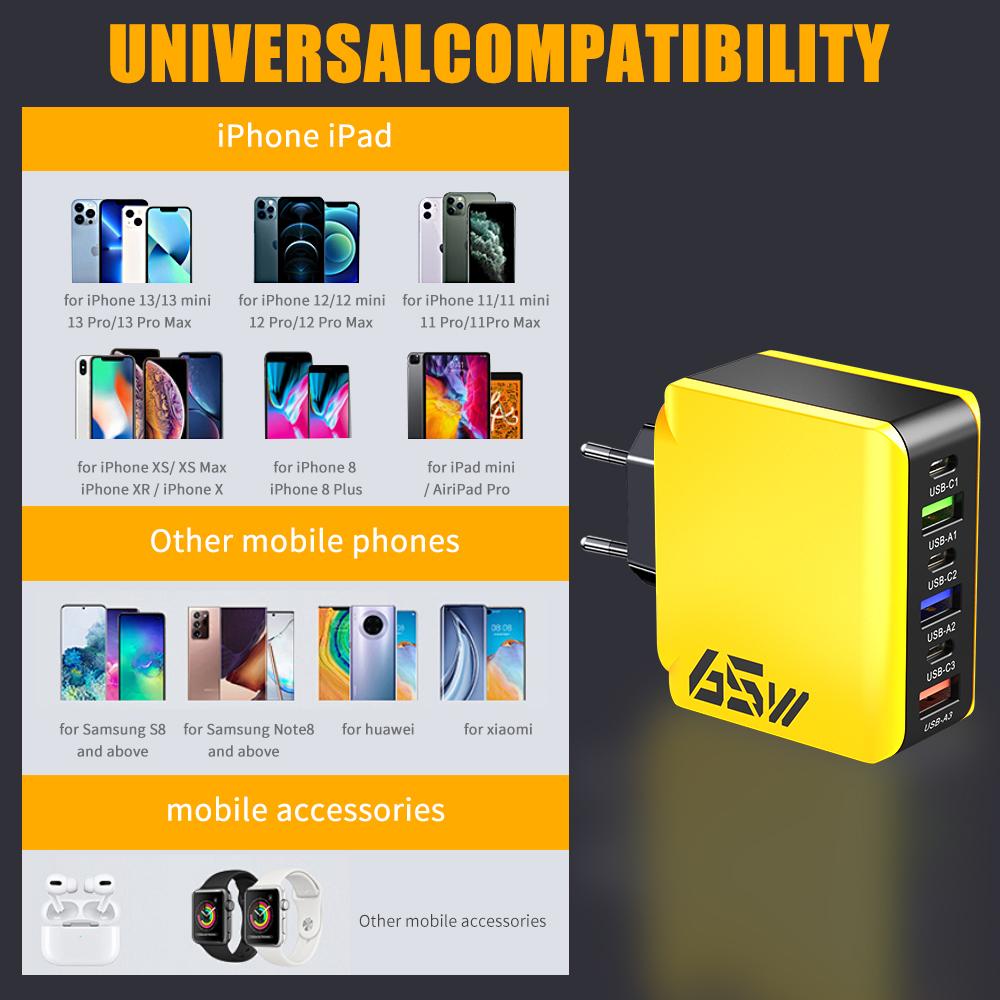 65W USB C Wall Charger Fast Charger 6 Ports Quick Charge 3.0 Adapter for IPhone 13 14 15 Xiaomi Samsung Oppo Mobile US/EU Plug