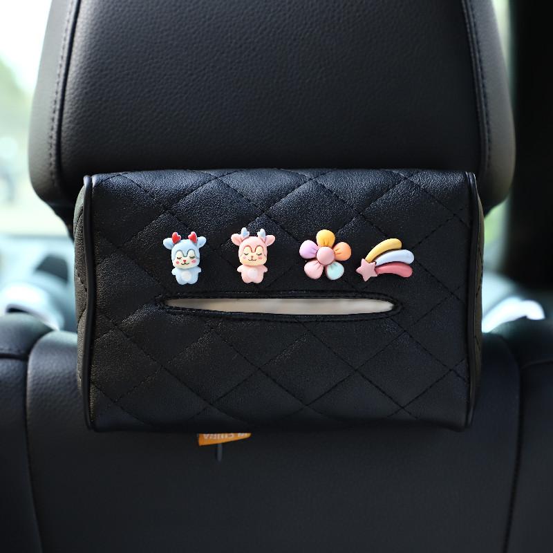 Leather Car Tissue Box Cartoon Cute Car Seat Back Hanging Drawout Box Multifunctional Armrest Box