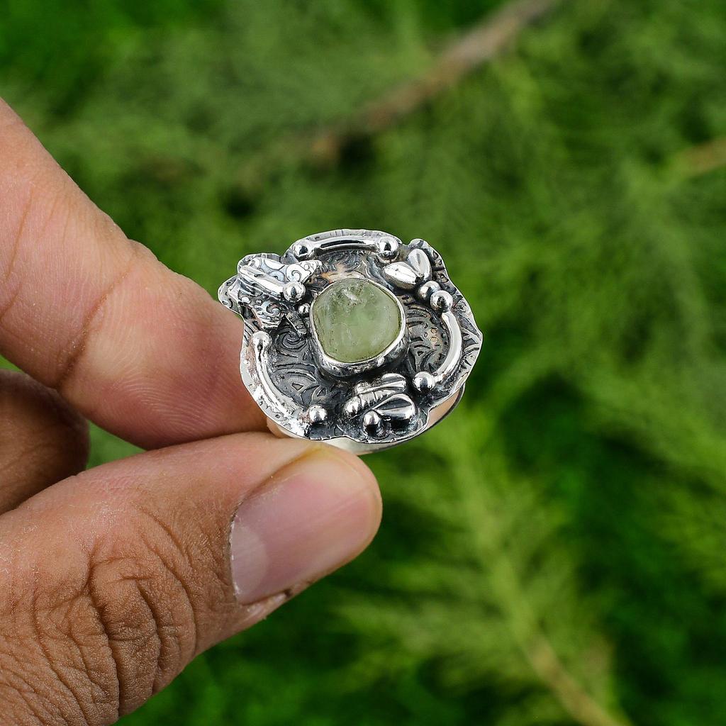 Gift For Her Natural Prehnite Rough Statement Adjustable Ring 925 Silver
