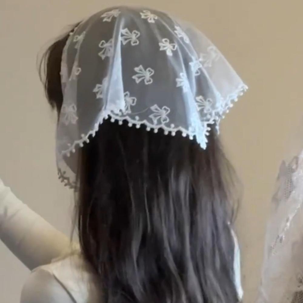 Bowknot Bow Hair Scarf Countryside Style Triangle Scarf Vintage Lace Triangle Bandana  Travel