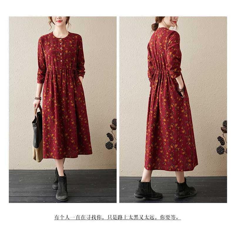 Neues bedrucktes Kleid im Ethno-Stil mit Rundhalsausschnitt und langen Ärmeln, locker