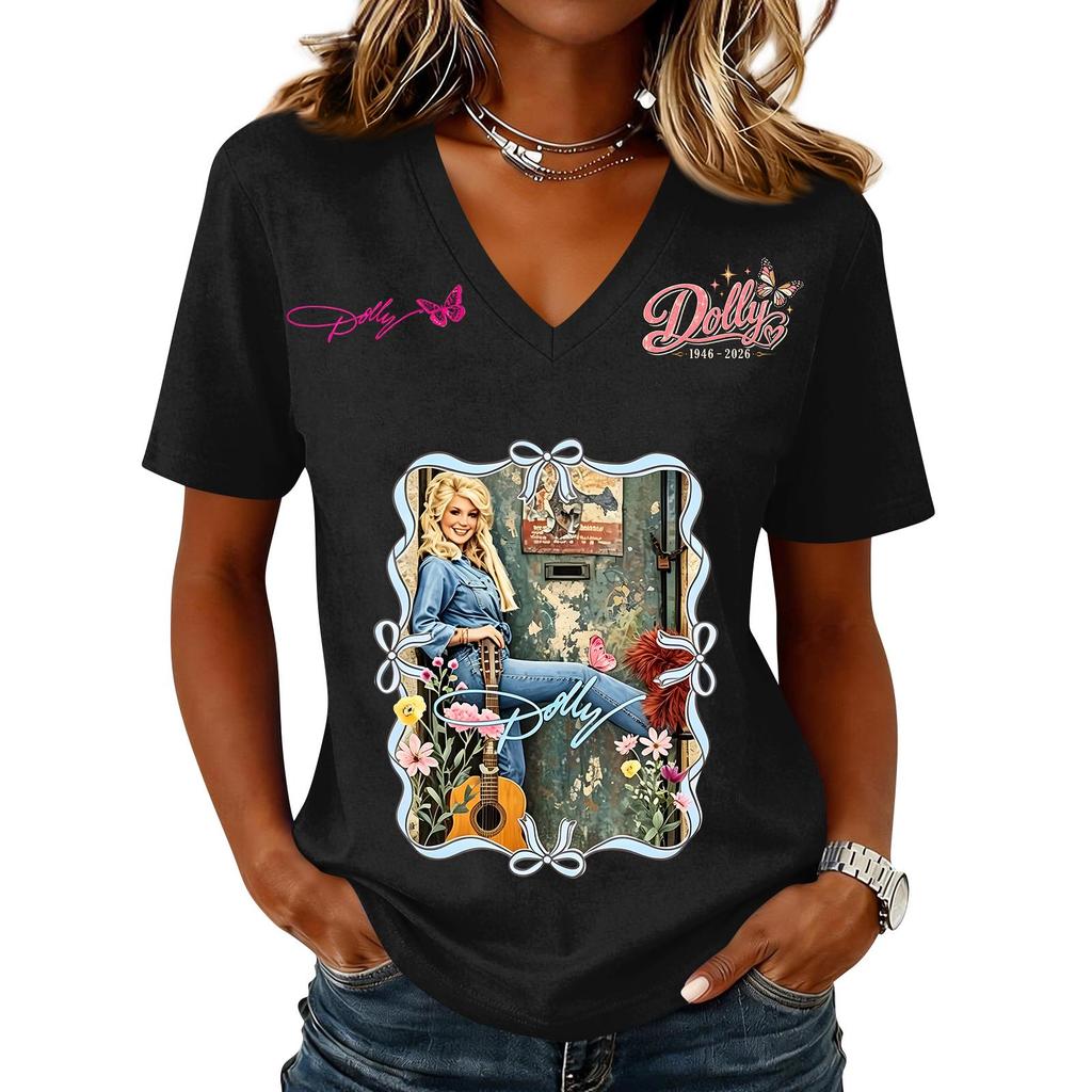 Women's Casual V-Neck Short Sleeve Letter Print Pullover Top for Summer