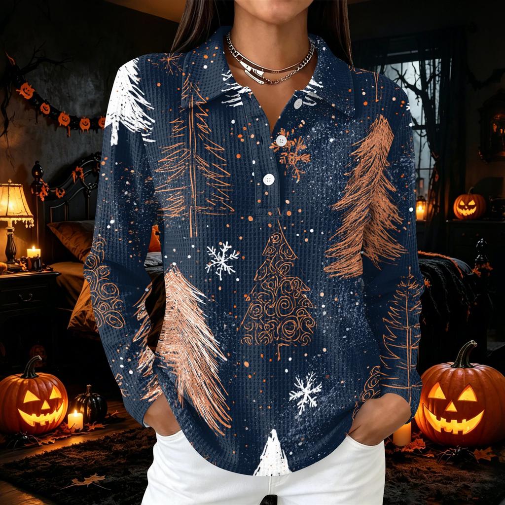 Damen Freizeit Christmas Print Knopfleiste Langarm Hemdbluse Oberteil mit Seitenschlitzen