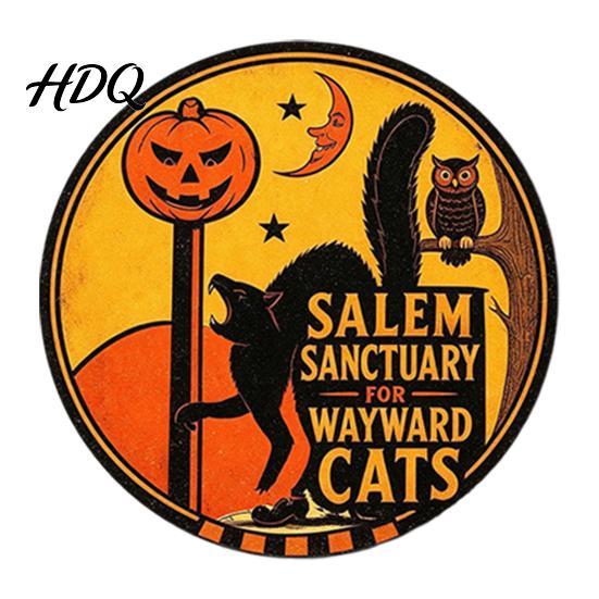 Halloween Theme Wall Art Retro Sign Round Metal Decorative Vintage Illustration Sign Rustic Decor for Living Room Party Decoration Nostalgic Hanging