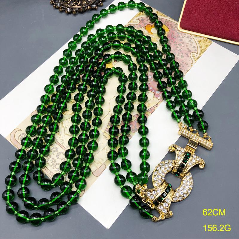 Retro Pomegranate Red Glass Bead Layered Sweater Chain & Rhinestone Necklace Bracelet Set