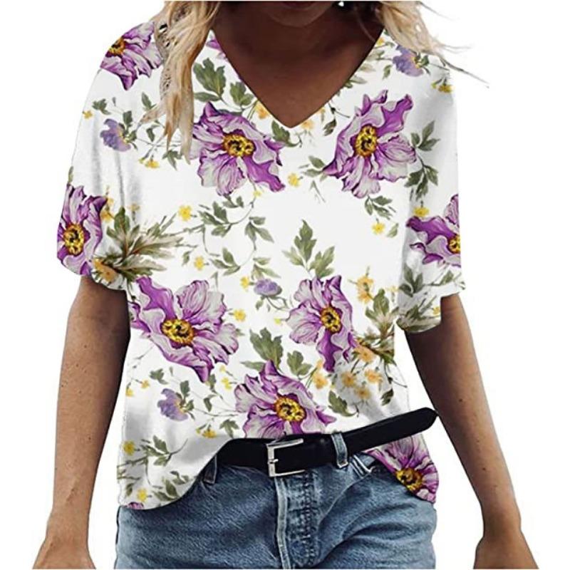 Summer V-neck 3D Feather Flower Printed Top Fashionable Casual Short Sleeved Women's T-shirts