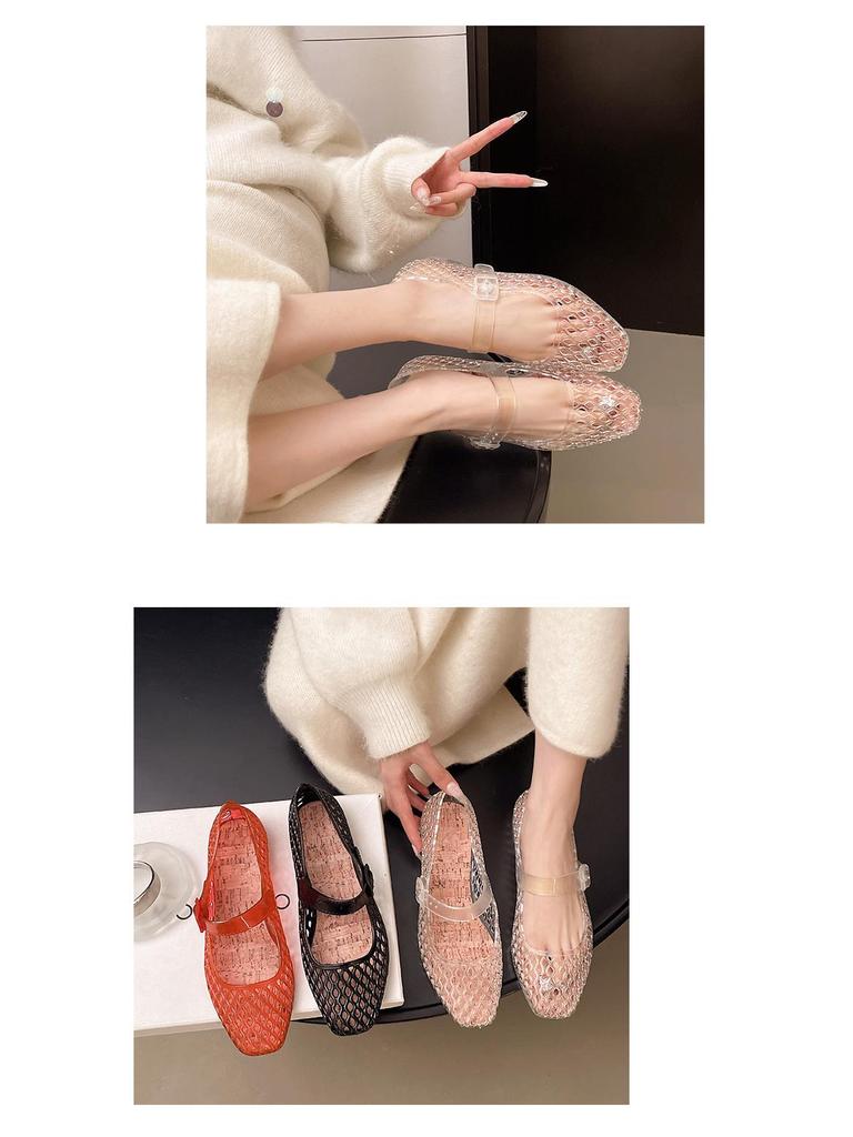 Versatile Breathable Crystal Flat Sandals - Non-Slip Beach Shoes with Fashionable Hollow Design