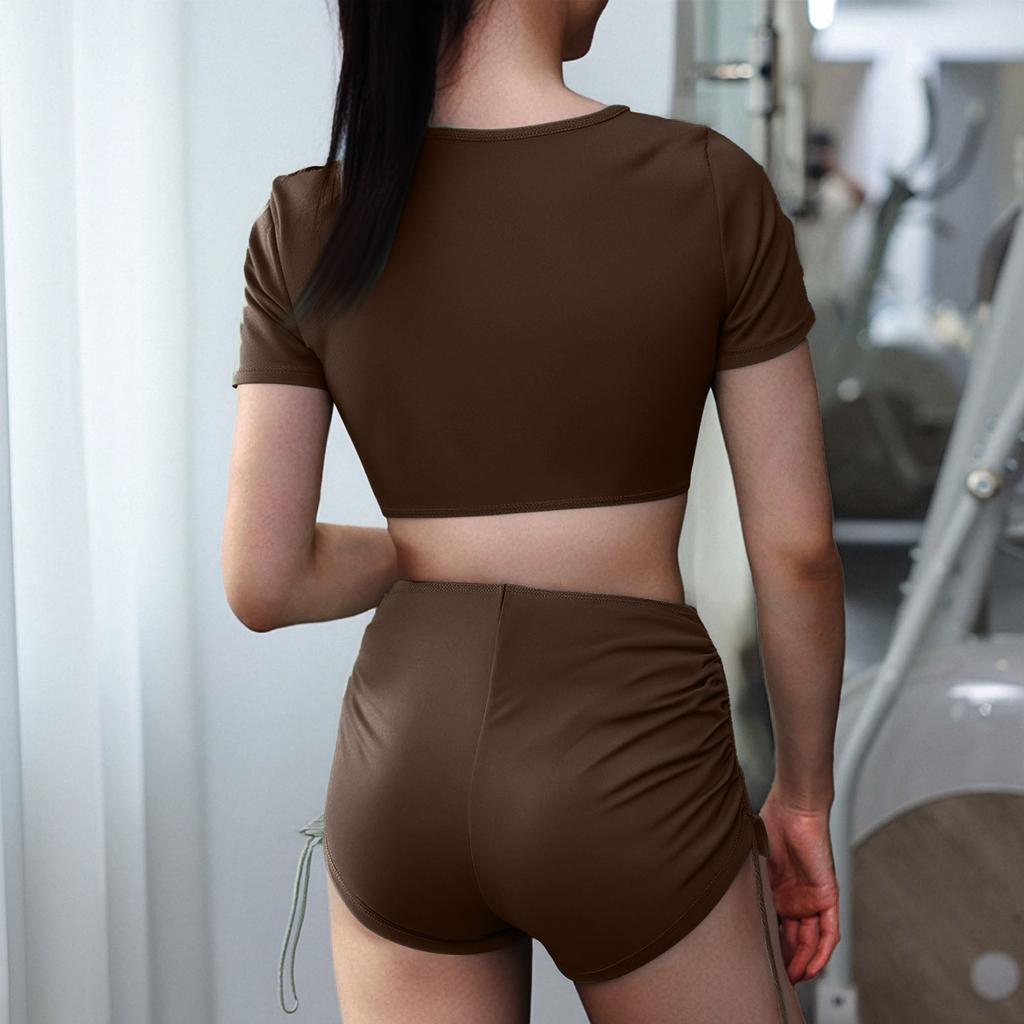 Women’s Two Piece High Waist Short Sleeve Swimsuit Set with Adjustable Drawstring Top and Ruched Bikini Bottoms for Beach Pool