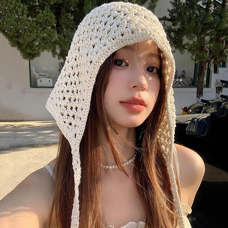 Boho Thin Hollow Handmade Crochet Hats For Women Girls Spring Summer Travel Versatile Beanies Cap Sweet Casual Turban Mesh Hat