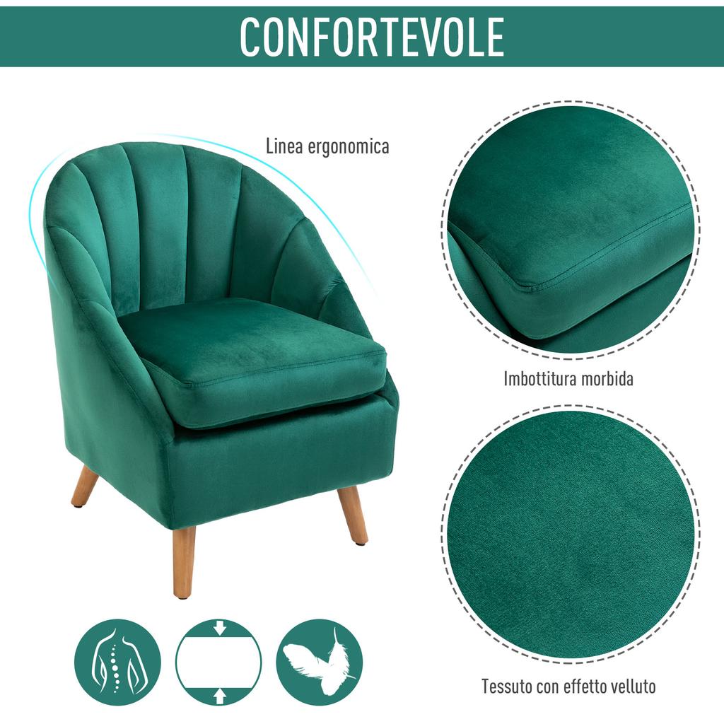 Bedroom and Living Room Armchair in Green Velvet with Thick Padding and Solid Wooden Structure (67x65x77cm)