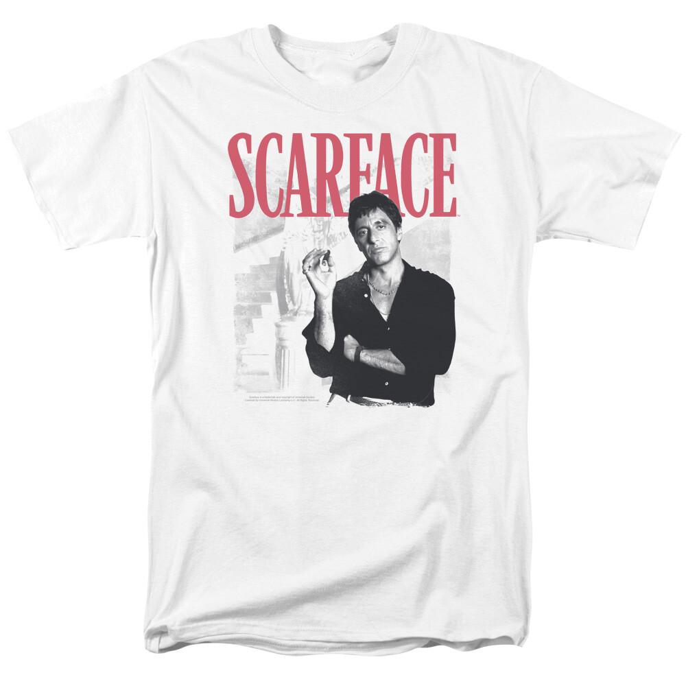 26 Scarface Stairway T Shirt Licensed Gangster Movie Tony Montana Retro Tee White Unisex T-Shirt L