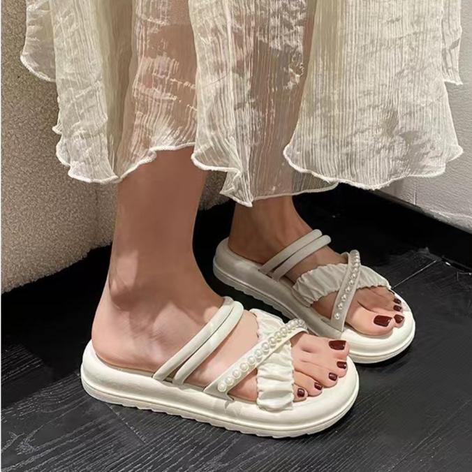 Summer Slippers for Women Fashionable Home Indoor Anti Slip Pearl Casual Beach Shoes