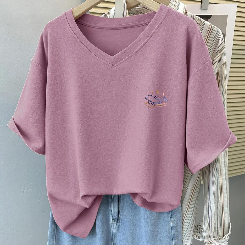 Camiseta Feminina de Verão com Manga Curta e Ombro Normal, Corte Solto, Tamanho Plus Size, Top Elegante com Decote em V e Design que Cobre a Barriga