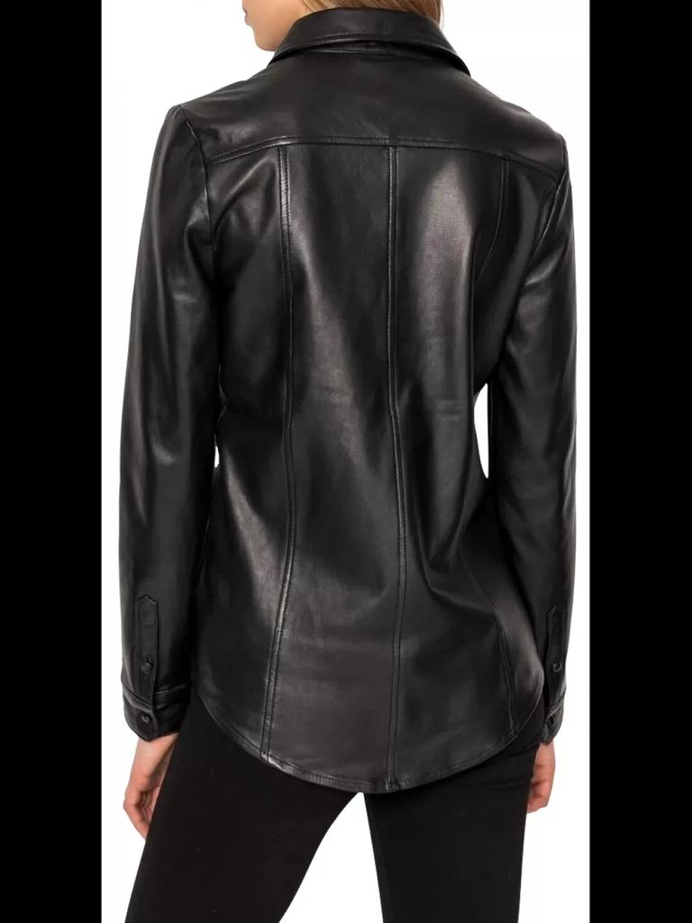 Casual Stylish Women 100% Lambskin Leather Designer Handmade Genuine Shirt Black