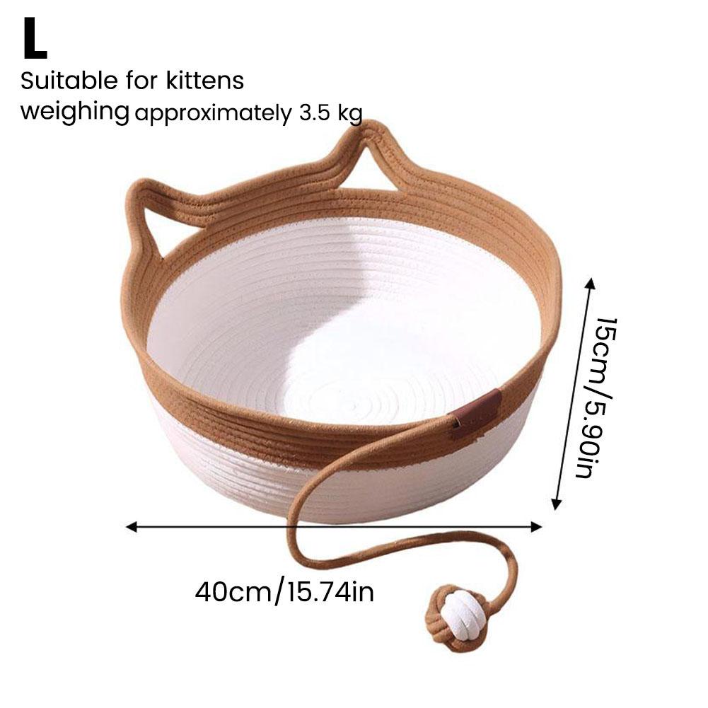 Caramel Handwoven Cat Bed Cotton Rope Basket with Toy Ball Durable Scratchable Resting Nest for Kittens Indoor Cats