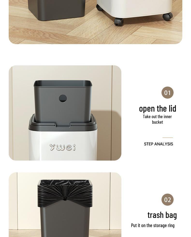 Dual-Use Square Trash Can with Wheels - Light Luxury Wastebasket for Kitchen & Bathroom, Large Capacity