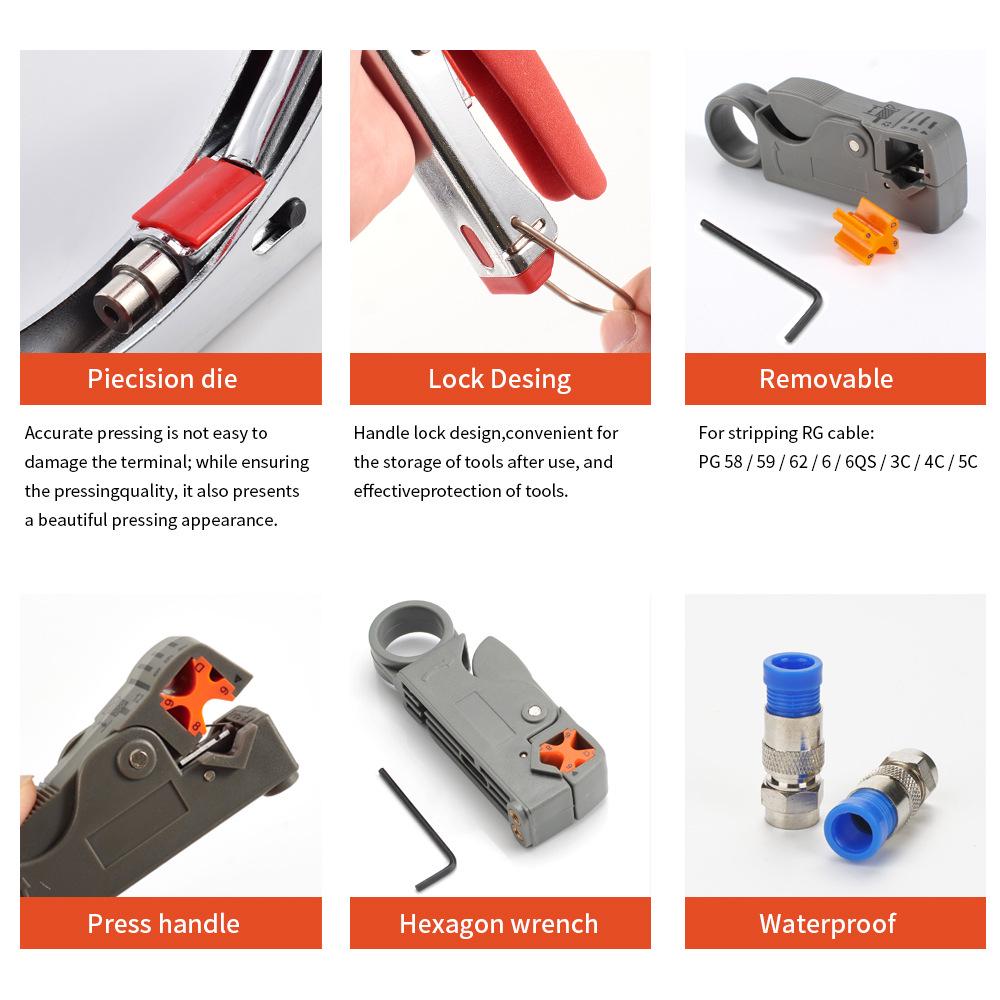 Coaxial Crimping Pliers Set: RG59/6 Cable Crimper, F-Head Crimper, Wire Stripper Tool.