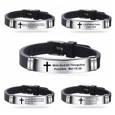 Jesus Cross Bracelets Christian Bible Scripture Stainless Steel  Silicone Bracelet Bangle Jewelry