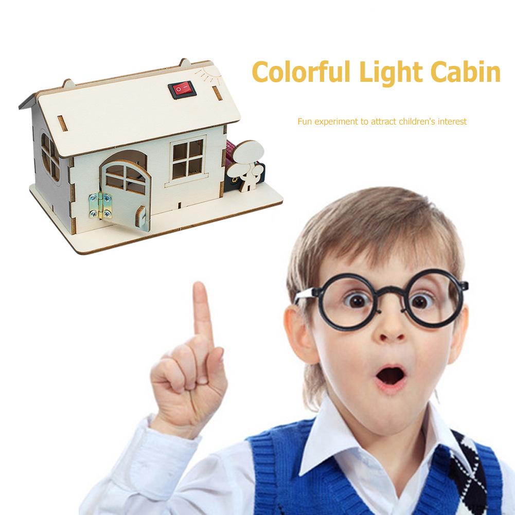 Child DIY Handmade Wooden Cabin Assembly Building Model Toy Set with Light Science Invention Experiment Material Kids Toys