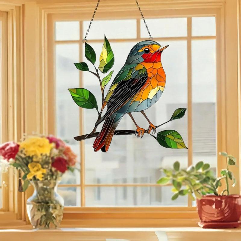 Robin Suncatcher for Windows & Garden,2D Stained Glass Effect Hanging Ornament,20x20cm Outdoor Heart Shape Decoration