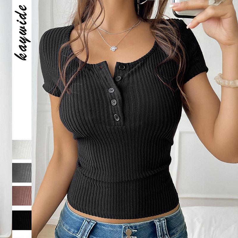 

Y2K Ladies Summer Square Collar Button Solid Color Slim Fit Pullover T Shirt Top XL